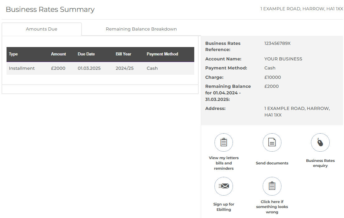 Screenshot of the Business Rates summary on MyHarrow