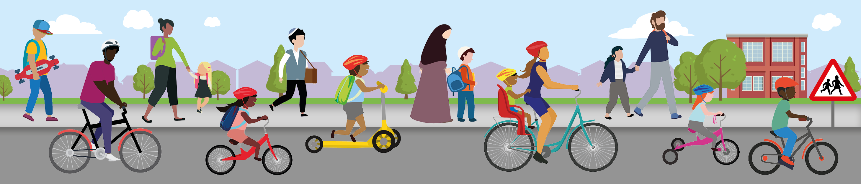 Graphic of young people and adults walking, cycling and scooting to school