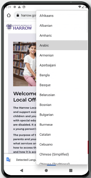 Screenshot of selecting a language