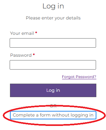 MyHarrow Account login in screen with the option to Complete a form without logging in circled