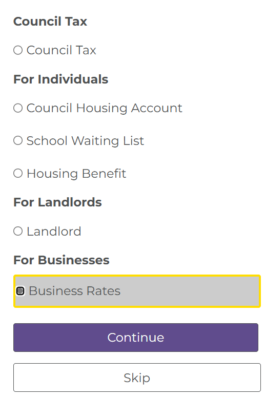 Select Business Rates from the list of services